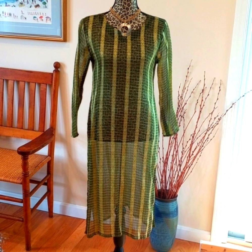 Silk Organza Long Tunic Handmade in India Size:S Color:Green and Gold NWOT